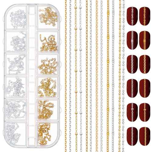 12 Strips Metal Nail Art Chains Gold & Silver Nails Decorations with Box Stainless Steel Nails Accessories Nail Jewelry Chains for Manicure Decoration & DIY£¨11 Inch£©