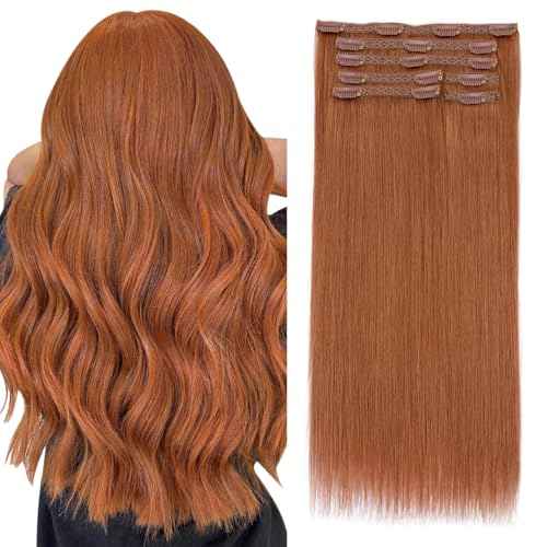 Elailite Clip in Hair Extensions Real Human Hair, Remy Hairpieces for Women, 7PCS Lace Weft Full Head, 20 Inch 120g Dark Auburn Copper Red