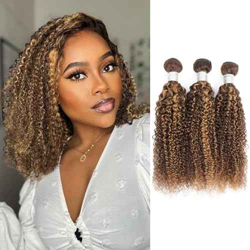 Thick Tracks Honey Blonde Highlight Tight Kinky Curly Human Hair 3 Bundles, 100% 12A Virgin Remy Brazilian Curly Bundles Human Hair #P4/27 Ombre Brown Colored Brazilian Weaves Sew In 14 16 18 In