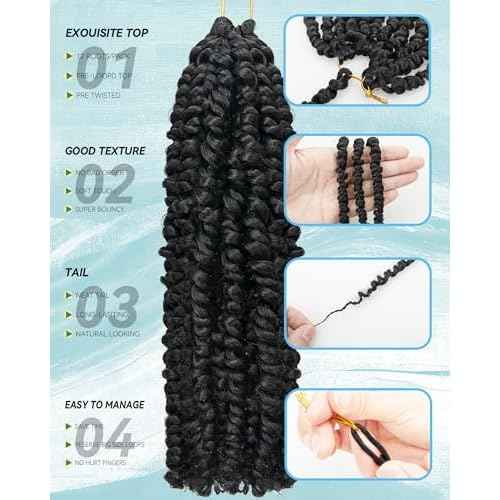 Passion Twist Crochet Hair for Black Women-10 Inch 8 Packs Natural Black, Pre Looped Pretwisted Hair Extensions,Braided by Synthetic Spring Kinky Twist Bohemian Curl(10"-8P,1B)