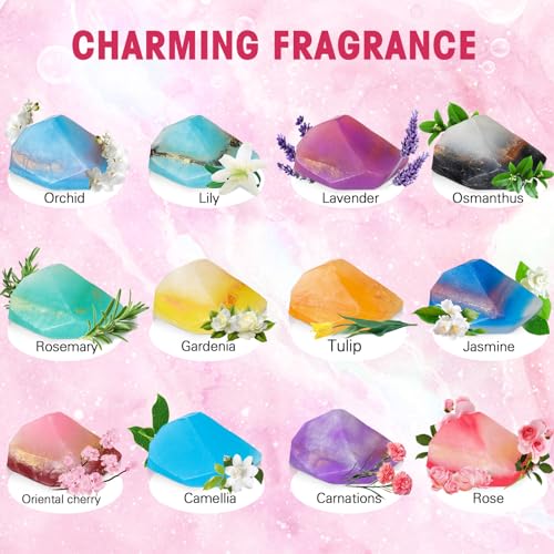 Loopeer 12 Pieces Gemstone Soap with Fragrance Organic Oil Rocks Decorative Hand Soap Bars Bathroom Soap for Bath Face Body Women Men Birthday Christmas Gift Moisturizes, 12 Scent(Cute)