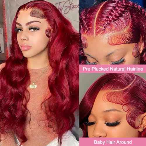 32 Inch 99J Burgundy Lace Front Wig Human Hair 200 Density 13x4 HD Transparent Lace Body Wave Pre Plucked Wine Red Colored Glueless Wig for Women