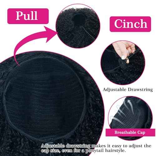 Afro Kinky Curly Human Hair Half Wigs for Black Women Wear & Go Glueless Wigs Human Hair Seamless Kinky Curly Flip Over Drawstring Clip in Half Wig No Sew In 200% Density Natural Color 22 Inch