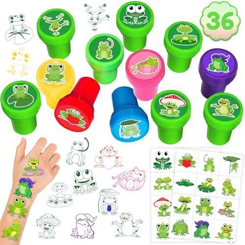 36PCS Frog Party Favors - 24PCS Pre-Cut Temporary Tattoos & 12PCS Stamps - Ideal Animal Frog Princess Themed Birthday Card Decorations Supplies Goodie Bag Cute Rewards for Boys Girls Classroom Gifts