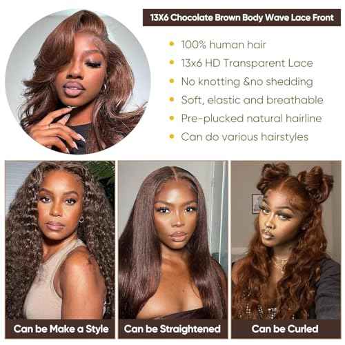 Chocolate Brown Lace Front Wig Human Hair - 13x6 HD Brown Body Wave Lace Front Wigs Human Hair Pre Plucked with Baby Hair, 180% Density Colored Glueless Frontal Wigs Human Hair for Women 26 inch