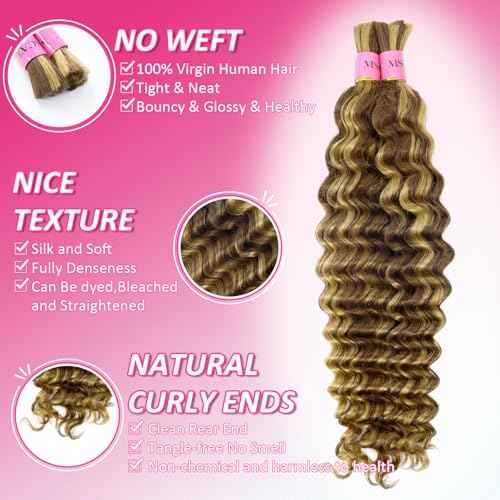 4/27# Human Braiding Hair for Boho Braids 100g Color 4/27# Bulk Deep Wave Human Hair for Braiding Ombre Blonde Brown Highlight 100% Brazilian Human Hair 20inch for Boho Braids 12A