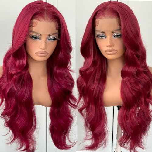 99j Burgundy Lace Front Wigs Pre Plucked Gluless Red Body Wave Lace Front Wigs Synthetic HD Lace Front Wig for Black Women 24 Inch