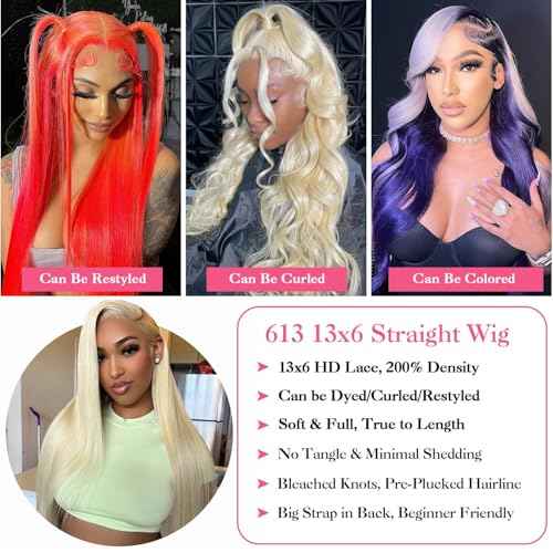 24 Inch 613 13x6 Lace Front Wig Human Hair 200 Density Blonde Wig Human Hair 613 Straight Lace Front Wig Human Hair Pre Plucked 613 HD Transparent Lace Frontal Wig 13x6 Wigs for Women