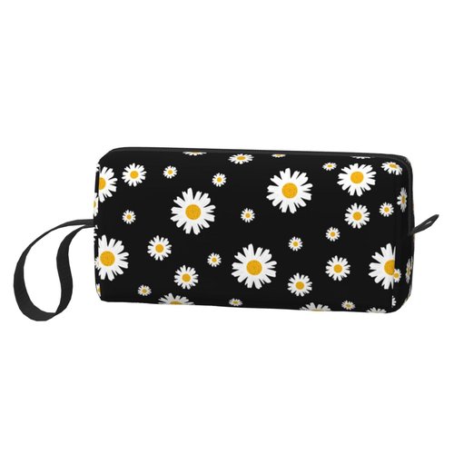 JKJOJIA Daisy Cute Flower Makeup Bag Organizer Small Cosmetic Bags Portable Travel Toiletry Bag With Handle Simple Accessories Storage Zipper Pouch For Women Girl