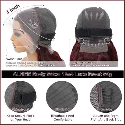ALHER 12A Dark Burgundy Lace Frontal Wig 180% Density, 99J Wine Red Colored Ear to Ear 13x4 Frontal Wig Pre Plucked With Baby Hair, 100% Virgin Remy Human Hair Purple Wig for Black Women 22 IN