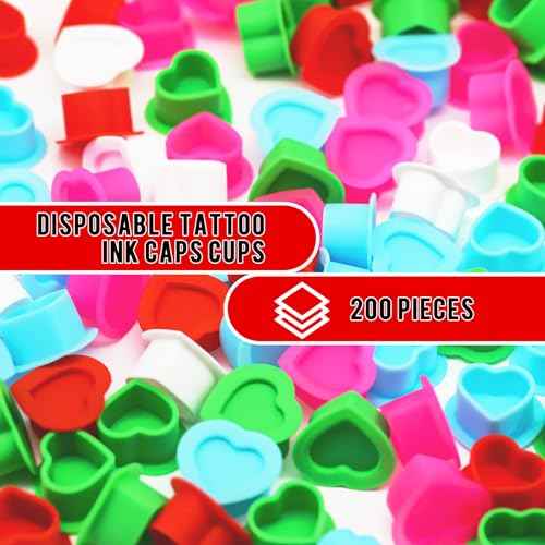 Tattoo Ink Caps Silicone Tattoo Cups 5 Colors Mixed Pack 200 Pcs with Base for Tattoo, Ink Caps for Tattooing Microblading Tattoo Supplies