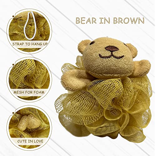 (4 Pack) Lovely Animal Design Kids Exfoliating Bath Scrubber Body Scrubber Shower Ball for Baby Toddler Kids Gentle Exfoliating Bath Sponge Loofah Pouf in Colorful Design (Joyful TERRICOLE)