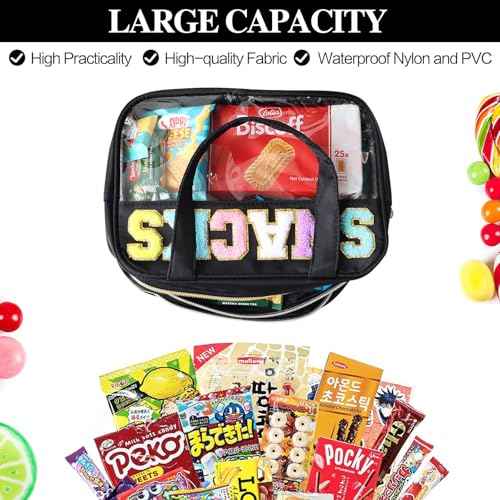 Chenille Letter Snack Bags Clear Makeup Bag, Preppy Clear Large Cosmetic Bag with Zipper, Waterproof Stuff Bag Travel Toiletry Bag Cosmetic Pouch for Women Girls (Black-SNACKS)