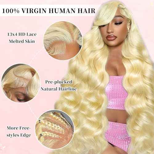 613 13x4 Lace Front Wig Human Hair 200 Density Blonde Body Wave Lace Front Wigs 13x4 Blonde Glueless Wigs Human Hair Pre Plucked 613 HD Lace Frontal Wig Human Hair for Women 24 Inch