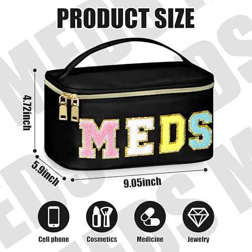 Medicines Chenille Letter Bag Nylon Meds Makeup Pouch Preppy Path with Zipper and Handle Cosmetic Toiletry Storage Purse for Women Black