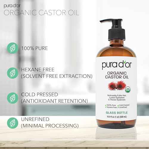 PURA D'OR 16.9 oz Organic Castor Oil (GLASS BOTTLE) Pure Cold-Pressed Hexane-Free USDA Certified ? Lashes Brows Hair Scalp Skin ? Botanical Moisturizer for Softness Strength Hydration Shine Radiance