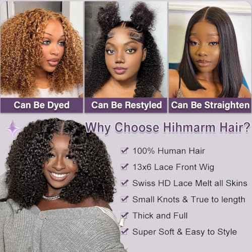 Curly Bob Wig Human Hair 13x6 HD Transparent Lace Kinky Curly Front Wigs Human Hair Pre Plucked Short Bob Wigs for Black Women Glueless Wig 180 Density Natural Black 12 Inch