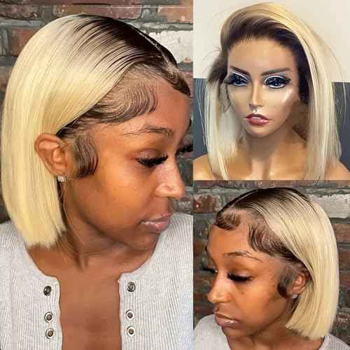 13x4 Hd Blonde Bob Lace Front Wigs Human Hair for Black Women,14" 150% Density Glueless Pre Plucked Ombre Blonde Straight Remy Brazilian Virgin Human Hair Wig with Baby Hair