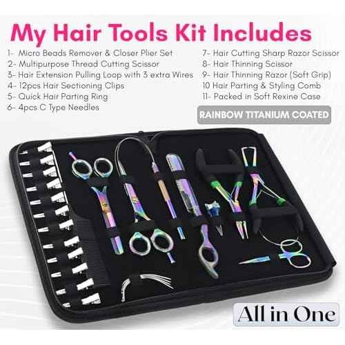 My Hair Tools Professional Hair Extension Tools Kit Includes Micro Link Beads Remover & Crimp Pliers Set, Hair Cutting & Styling Scissors Set, Hair Parting Tool, Hair Extensions Loop Tool (Rainbow)