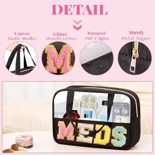 Chenille Letter MEDS Bag Clear Medical Medicine bag for Traveling Preppy Emergency Patch Bag with Handle and Zipper Waterproof Nylon Portable Makeup Bag for Women