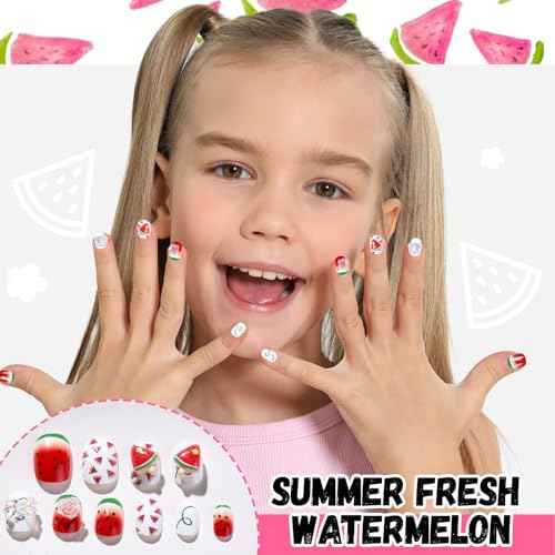FANDAMEI Press on Nails for Girls, 6 Styles 144PCS Press on Nails for Kids, Little Girl Nails Press on Short Round with Nail Charms and Gems, Fake nails for Kids, Girls with Adhesive Tabs