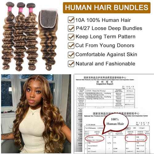 Loose Deep Wave Bundles With Closure Human Hair 16 18 20+16inch Ombr? Highlight Loose Deep Wave Bundles Human Hair with 4x4 Lace Closure Brown Highlight Colored