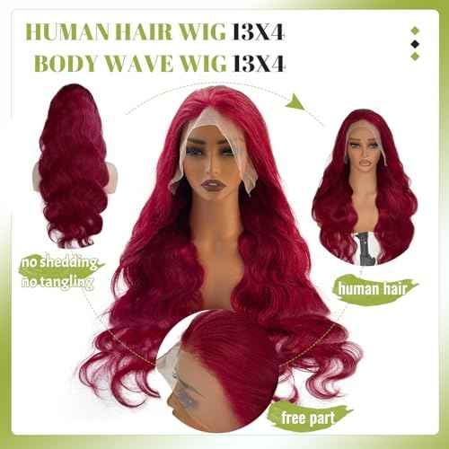 30 Inch Burgundy Body Wave Human Hair Wig 13x4 Lace Front Wigs Human Hair Pre Plucked 99j Burgundy Wig Human Hair with Free Part 180% Density Glueless Colored Wig for Women