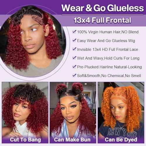 1B/99J Deep Wave BOB Wig Human Hair 18 Inch Ombre 99J Burgundy Lace Front Wigs Human Hair 13x4 HD Short Curly Frontal BOB Wigs For Black Women Human Hair Wear And Go Glueless Wine Red