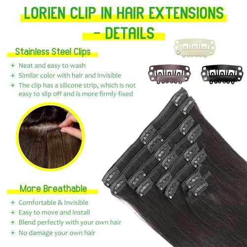 LORIEN Clip in Hair Extensions Real Human Hair, 22 Inch 110g, 1B Natural Black, Clip in 100% Brazilian Remy Human Hair Extensions 8pcs Per Set with 18 Clips Double Weft