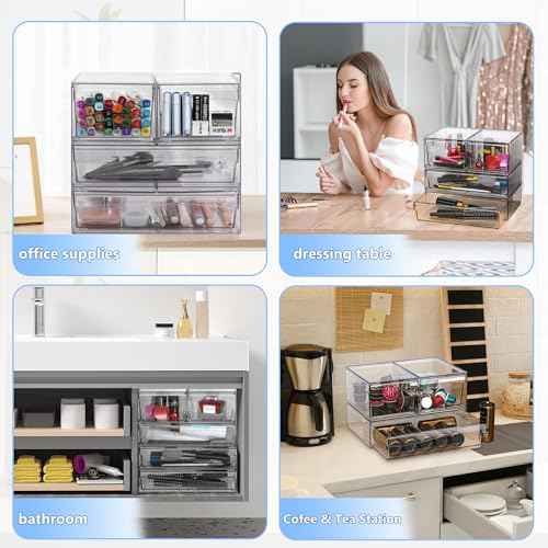 Homeanda 4 Pack Clear Stackable Storage Drawers, 12.1''W Acrylic Plastic Organizers for Makeup, Nail Polish, Snacks, Beauty Supplies, Ideal for Vanity, Bathroom, Undersink, Cabinet, Desk Organization