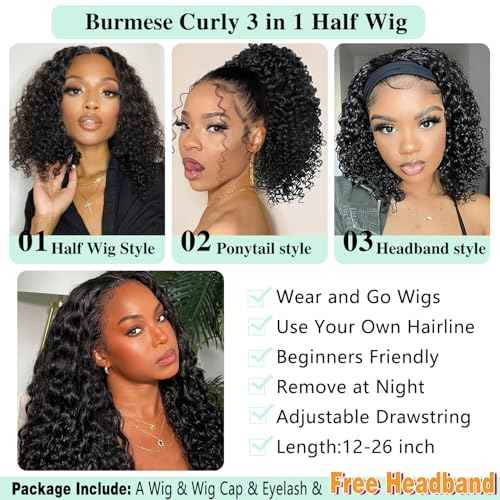 Burmese Curly Half Wigs Human Hair with Drawstring And Spiral End,200% Density Wear And Go Glueless Wigs Curly 3 In 1 Half Wig for Women,Wet And Wavy Water Wave Human Hair,Natural Black(20 Inch)