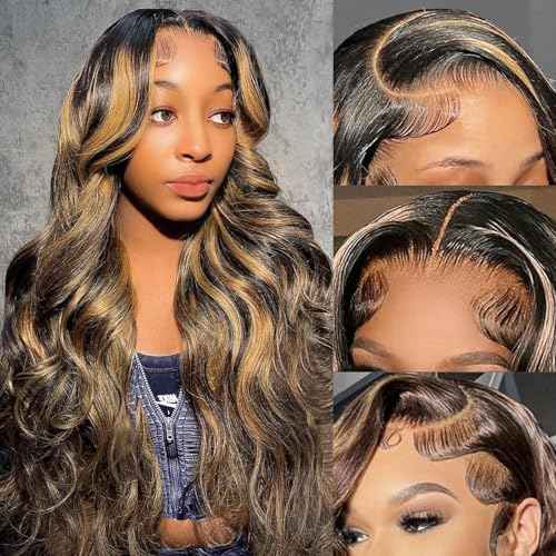 Ombre Lace Front Wig Human Hair Pre Plucked 13x6 Highlight Body Wave Lace Front Wigs Human Hair Hd Lace Frontal 1B/27 Colored Wigs Human Hair 180% Density 24 Inch