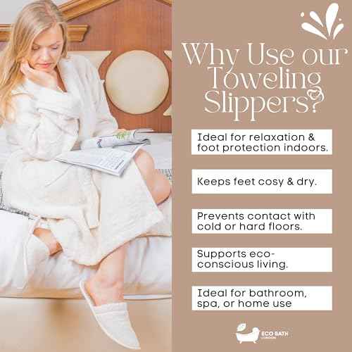 Natural Toweling Slippers - GOTS Certified 100% Organic Cotton, Ultra Soft, Machine Washable Indoor Slippers for Bath and Home S Size US (6-7 Women/5-6 Men)