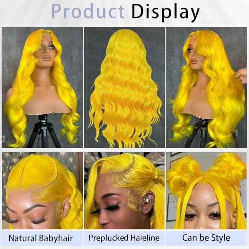28 Inch Yellow Wig Human Hair 13x4 Yellow Lace Front Wig Human Hair Body Wave Lace Front Wigs Human Hair Blonde Wig Human Hair Colored 200% Density HD Frontal Wigs human hair