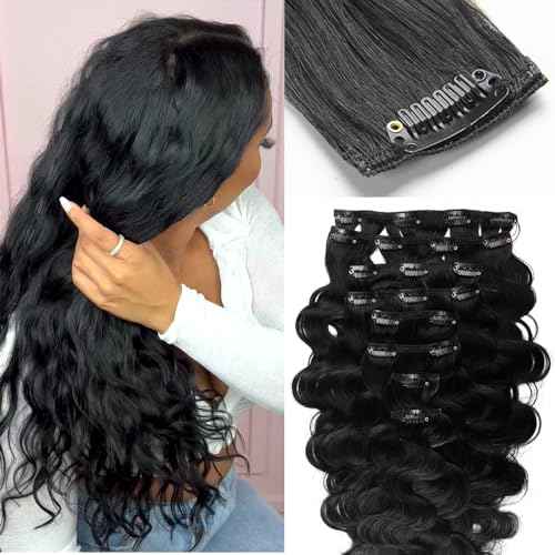 KRN Clip in, 135g 8 pcs Full And Thick Body Wave Hair Extensions Clip ins for Black Women 12A Natural Black Real Hair Extensions Clips in Human Hair with 20 Clips Easy to Wear 24 Inch