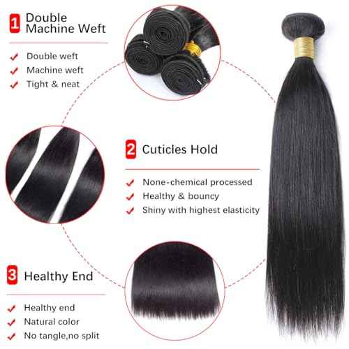 Bundles Human Hair Straight 3 Bundles 18 20 22 Inch 100% Unprocessed Brazilian Remy Virgin Human Hair Bundles Raw Hair Bundles Natural Black Human Hair