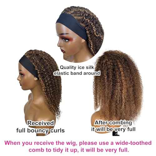 Ombre Highlight Headband Wig Human Hair #4/27 Colored Kinky Curly Headband Wig for Black Women Glueless None Lace Front Human Hair Wigs Brazilian Virgin Hair Wear and Go Wigs 150% Density 24 Inch