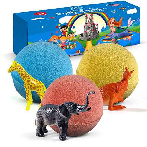 3 Handmade Bath Bombs for Kids with Wild Animals Toys Inside for Boys and Girls ? Big Size Toys Natural and Safe Bath Fizzies - Great Gift Set for Boys and Girls