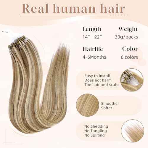 Microlink Hair Extensions Human Hair 18613 Blonde 30g/30s/Pack 20inch Microbead Micro Loop Hair Extensions Real Human Soft and Glossy Longer Life