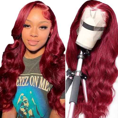 Burgundy Lace Front Wig - 180% Density, 13x4, Body Wave, Baby Hair - 24 Inch Human Hair HD Lace Wig Pre Plucked