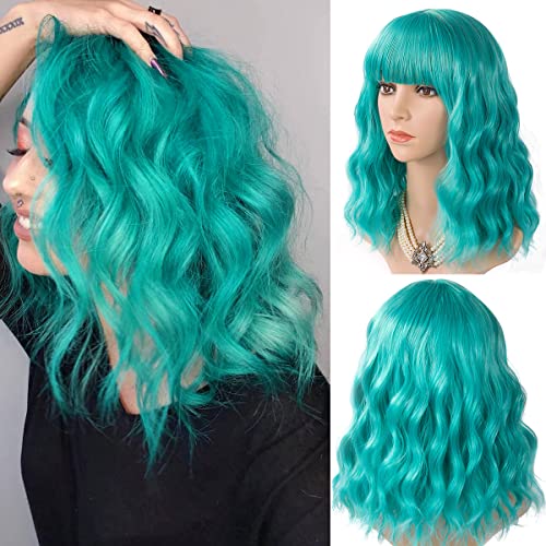 ITTAYLER Teal Short Wavy Wig with Bangs Colored Wigs for Women Bob Wig Synthetic Cosplay Wig for Girls 14 Inch Shoulder Length Colorful Wigs Turquoise Color Party Wigs