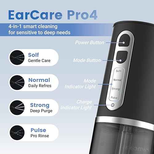 Electric Ear Wax Removal Device, Ear Cleaner with 4 Cleaning Modes, 2 Different Size Big Hole for Ear Irrigation, One-Piece Waste Tank Portable Design, IPX7, 6Tips, Black