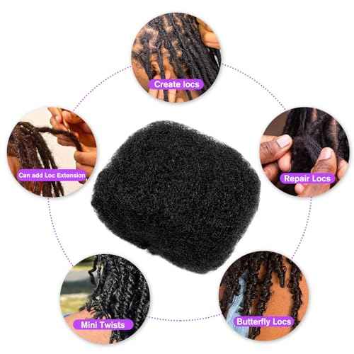 Tight Afro Kinky Bulk Human Hair for Dreadlock Extensions, 100% Human Hair,120Gram 12 Inch 4 Bundles/Pack Natural Black #1B,Repair Extensions,Making Locs or Braids, with Needles and Hairpin