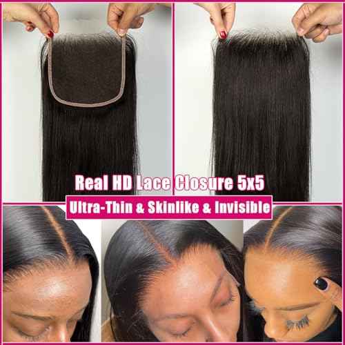 5X5 HD Lace Closure Human Hair, 0.11mm Ultra-Thin Skinlike Invisible HD Lace Closure with Outre Melted Hairline Black Straight Virgin Hair 5x5 Closure for Black Women Pre Plucked 12Inch