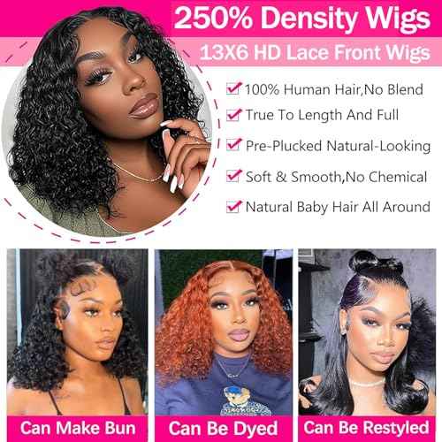 Bob Wig Human Hair 13x6 Deep Wave HD Lace Front Wigs Human Hair 250% Density Bob Curly Lace Frontal Wigs Brazilian Virgin Human Hair Wigs Pre Plucked with Baby Hair (Natural Color,10Inch)