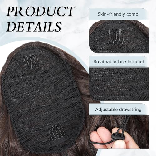 Drawstring Ponytail Extension 16 Inches Wavy Curly Ponytail Hair Extensions Synthetic Drawstring Pony Tails Hair Extensions for Daily Use(Mixed Brown)