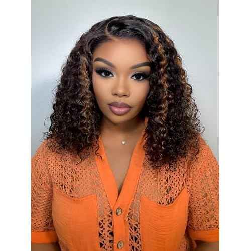 ISEE Hair Highlight Glueless Bob Wigs Human Hair Pre Plucked Pre Cut 2/30 Honey Blonde Curly Human Hair Wig for Black Women Ombre Water Wave 5x7 HD Lace Closure Wigs with Elastic Band 14 Inch