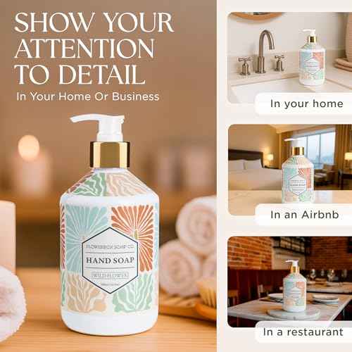 FlowerBox Liquid Hand Soap with Pump ? Set of 4 Scented, Decorative Hand Soap Dispensers for Bathroom and Kitchen ? 500 mL Luxury Floral Mosaic Bottles, Gift Pack