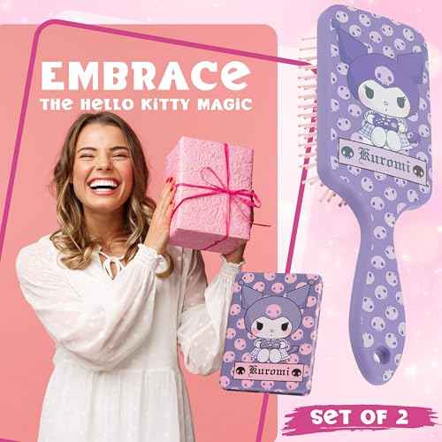 Hello Kitty Hair Brush and Compact Mirror Set for Girls, Teens, Women, Detangler Brush, Kawaii Cute Stuff, Makeup Gifts for Her (Kuromi Brush & Mirror)