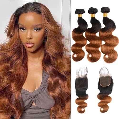 Ombre Human Hair Bundles with Closure Body Wave 3 Bundles 1B/30 Brazilian Virgin Human Hair Two-tone Dark Root with 4x4 Lace Closure(T1B/30, 18 20 22 +16)